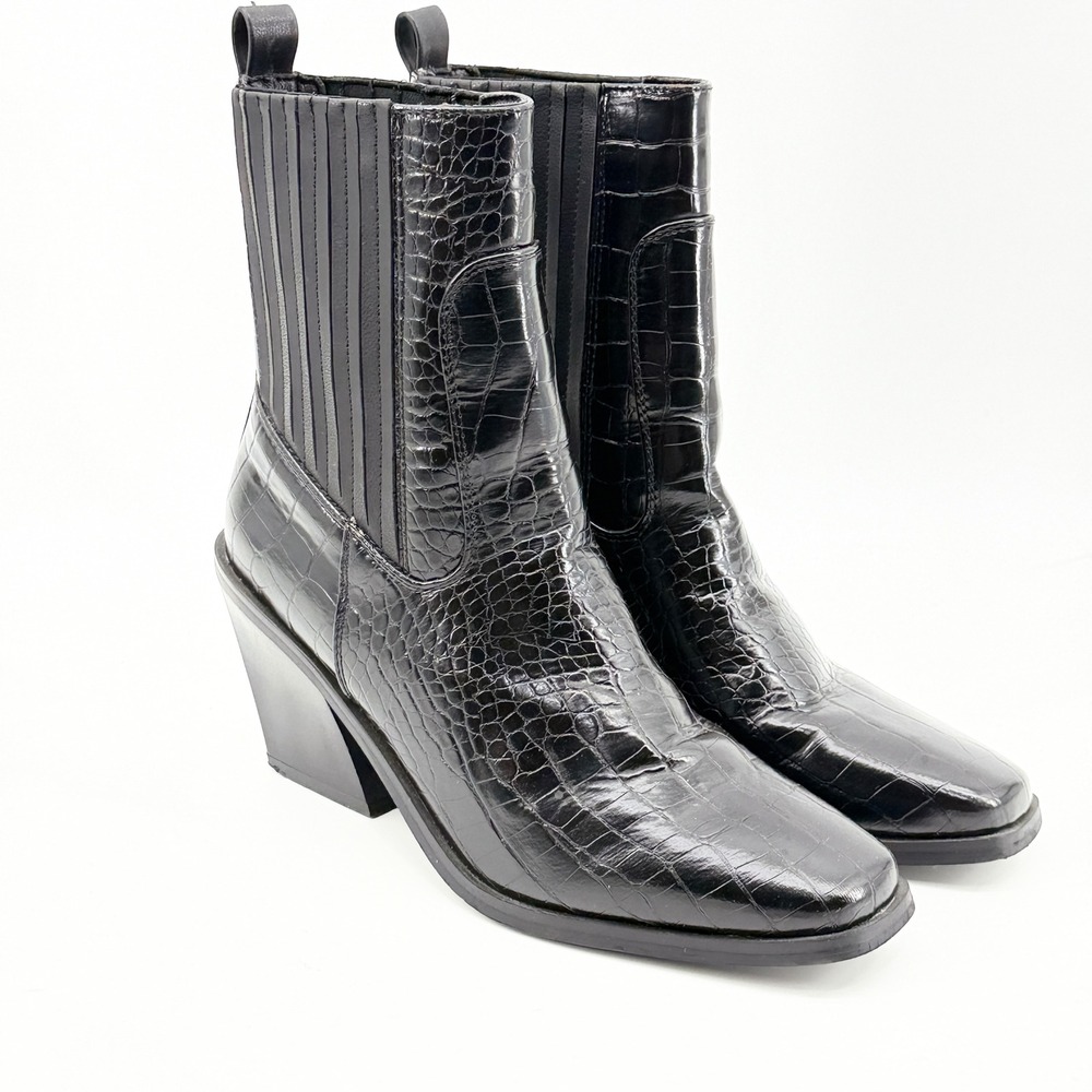 Halston Womens Black Croc Embossed Square Toe Block Heel Chelsea Boots Size 8